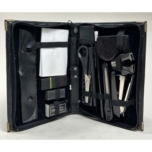 Vintage Traveling Office supplies Station Black Leather Case Binder